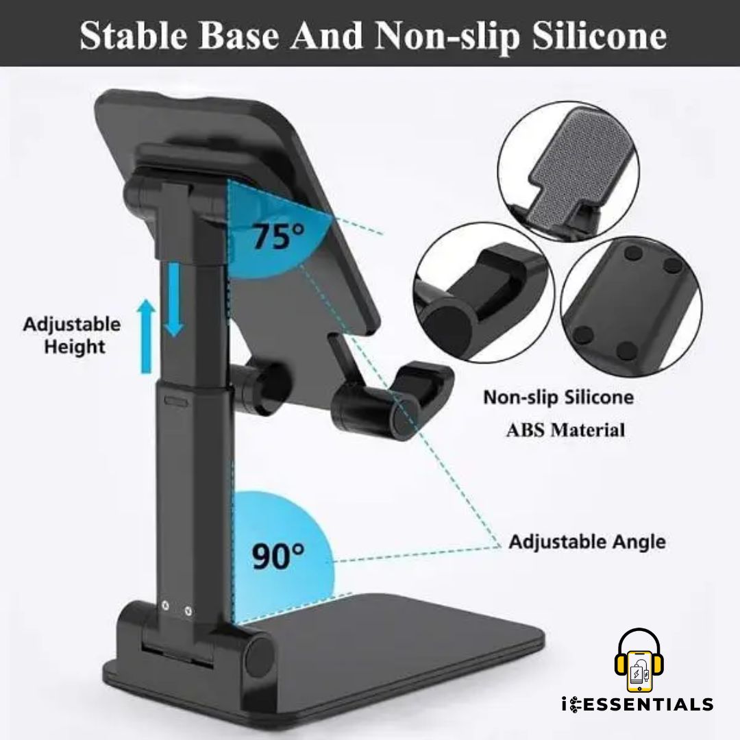 ADJUSTABLE FOLDING DESK PHONE AND TABLET STAND (BLACK)