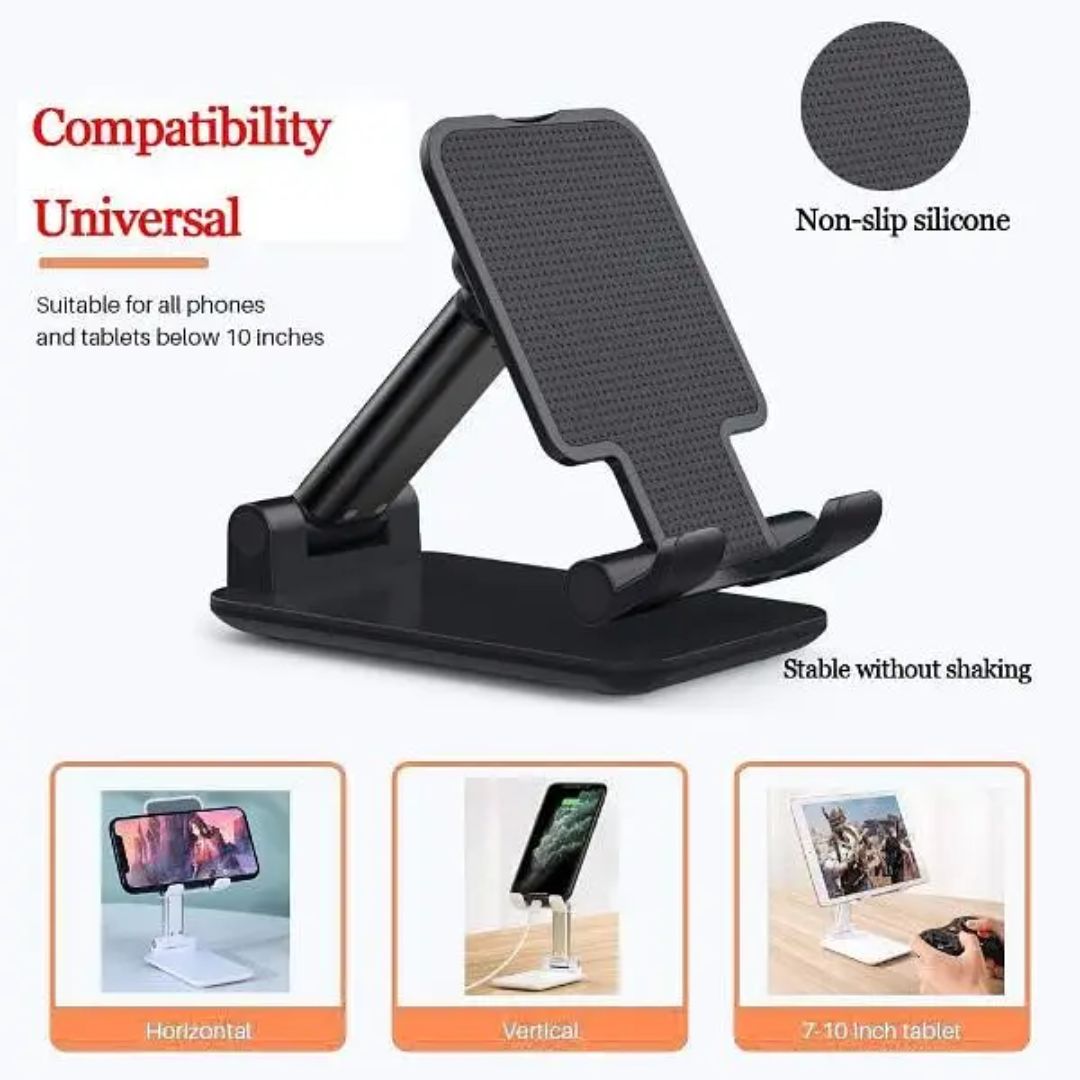 ADJUSTABLE FOLDING DESK PHONE AND TABLET STAND (BLACK)